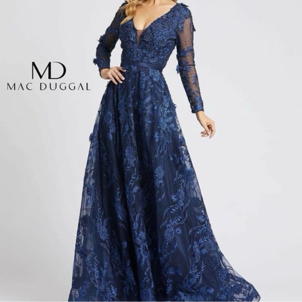 Mac Duggal Navy Floral Embroidered Long Sleeve Gown